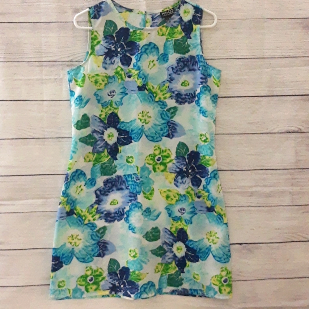 NY&Co Floral Watercolor Print Tank Dress VTG 90s Blue Green Size 8
